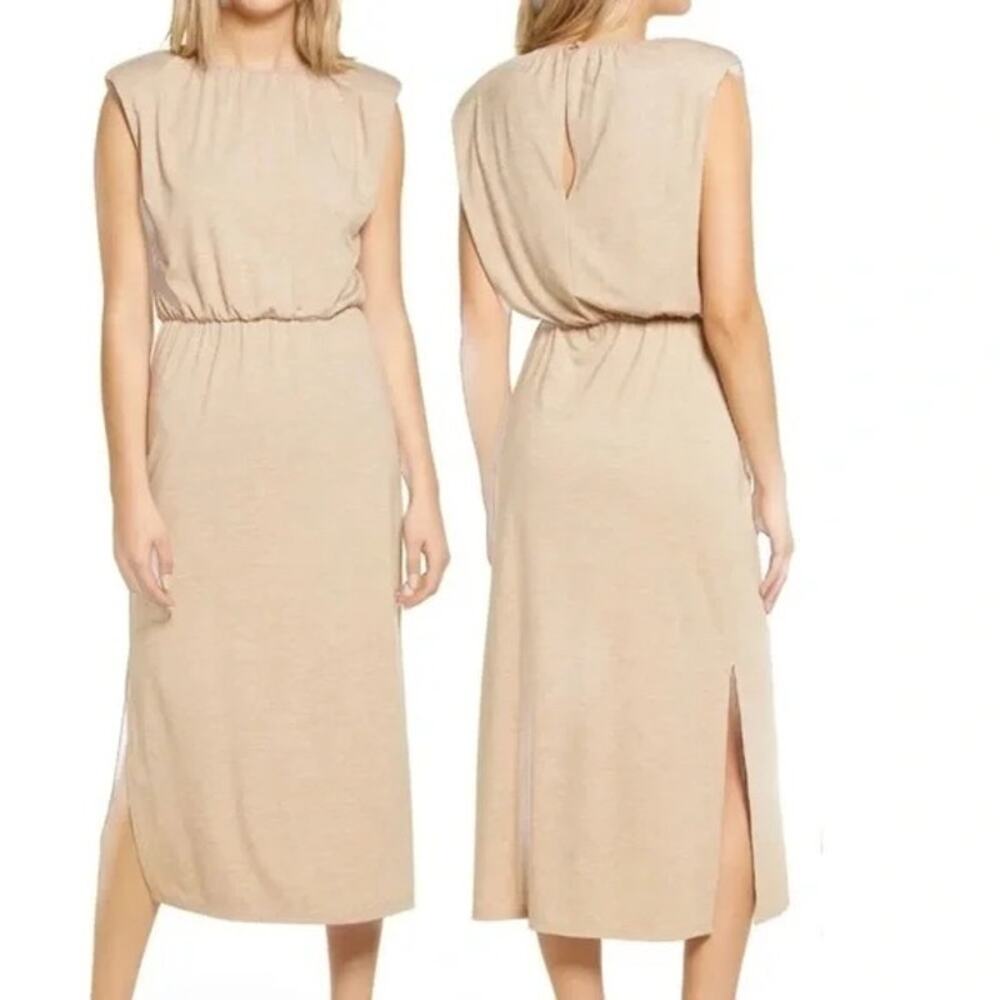 Wayf Padded Shoulder Midi Dress Blouson Stretch Camel Casual Women Small